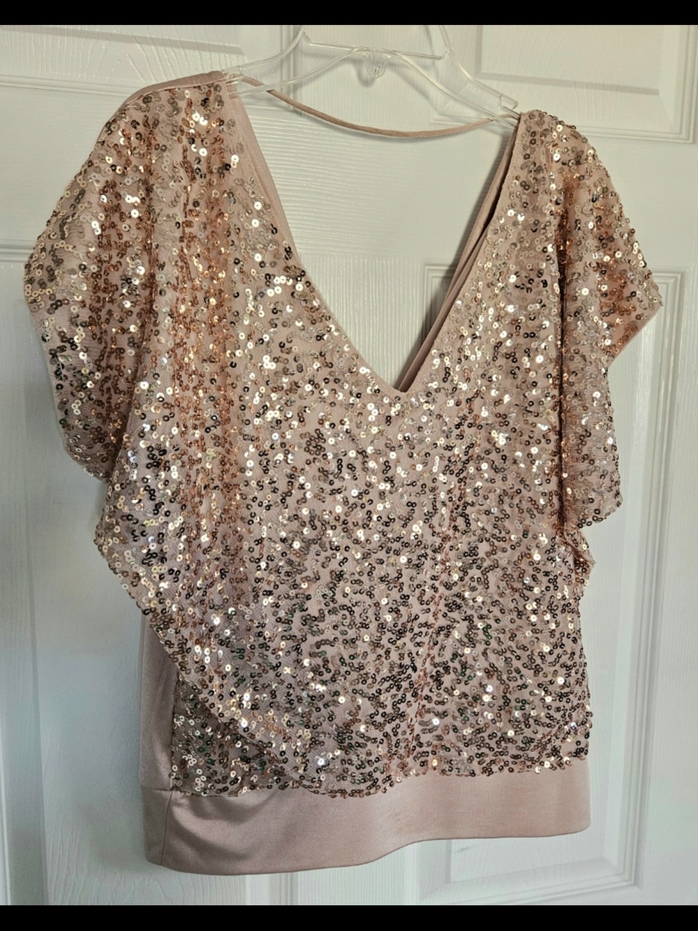 Express Blush Sequin V-Neck Blouse, Size Small